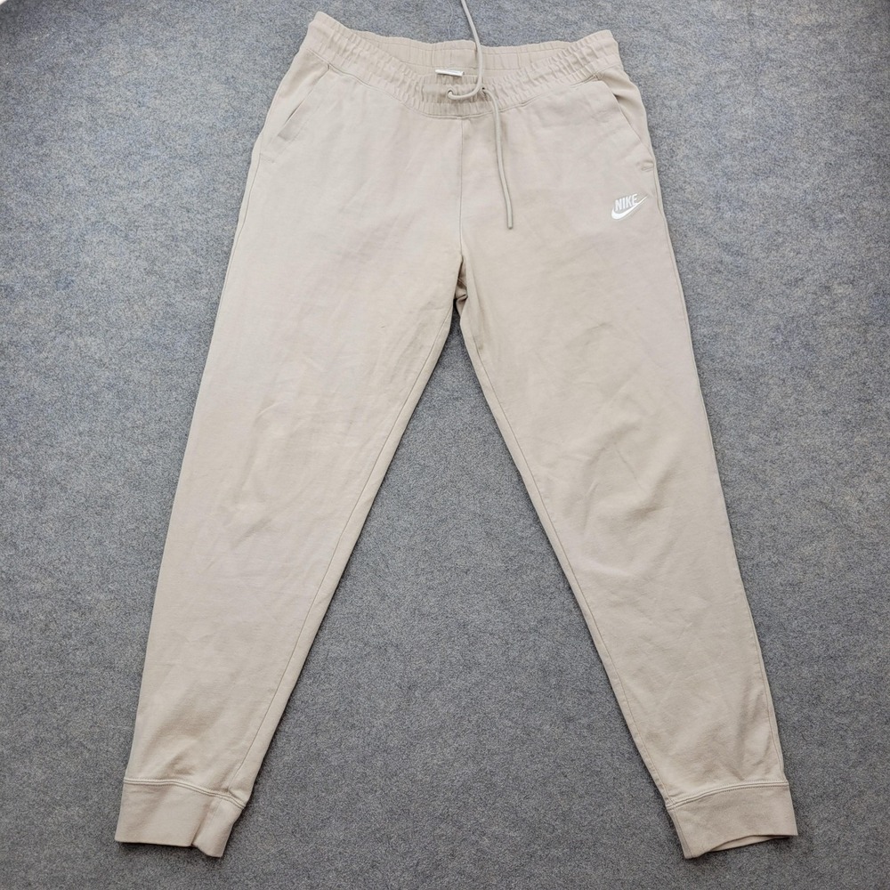 Nike Pants Mens Large Beige French Terry Joggers Elastic Waist Pockets Cuffed